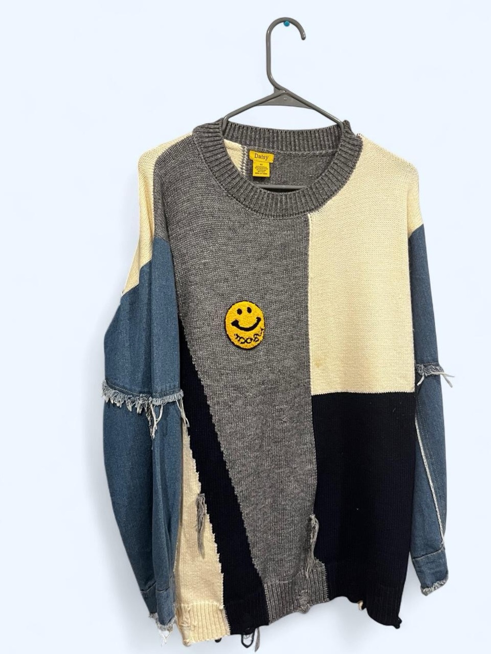 Smiley Face Distressed Patchwork Knit Sweater with Denim Sleeves
